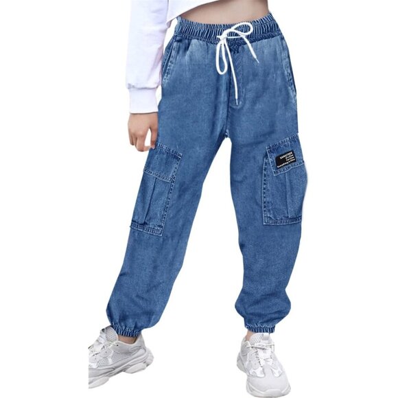 Girls Womens Drawstring Cargo Tapered Jogger Pants Cotton Blend